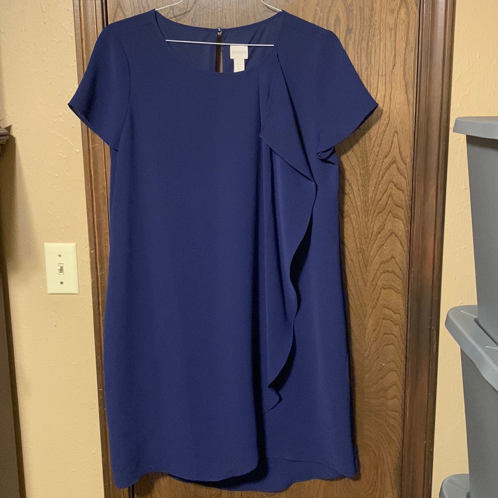 Chico’s NWT Ruffle Detail Short Dress, Dress Occasion, Deep Blue, 1.5
